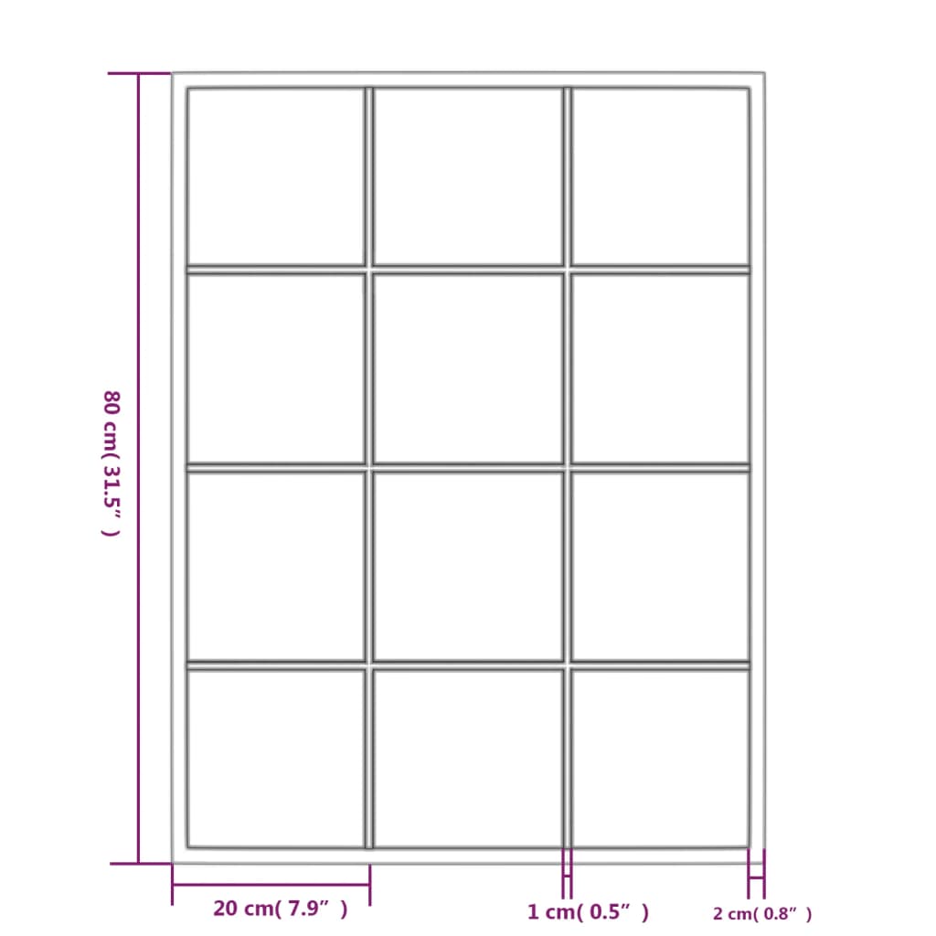 Diagram showing dimensions of a wall mirror with 12 grid sections, measuring 80x60 cm, designed for home decor.