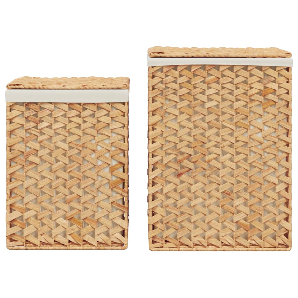 Laundry Baskets 2 pcs Water Hyacinth with lids, showcasing rustic design and sturdy metal frame.