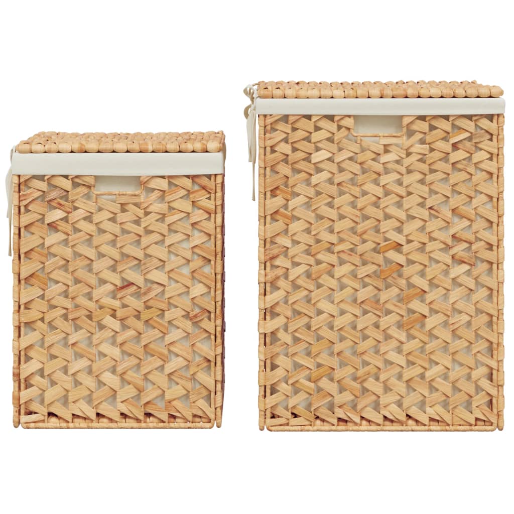 Laundry Baskets 2 pcs Water Hyacinth with rustic design, sturdy metal frame, and lid for dust protection. Ideal for home organization.