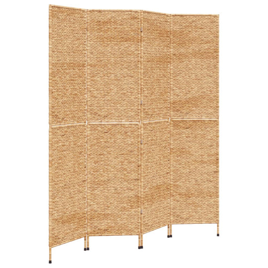 4-panel water hyacinth room divider in natural tones, ideal for privacy and farmhouse decor, sturdy metal frame construction.