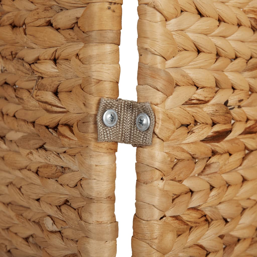 Close-up of a water hyacinth room divider showing woven texture and metal fastener for durability and style.