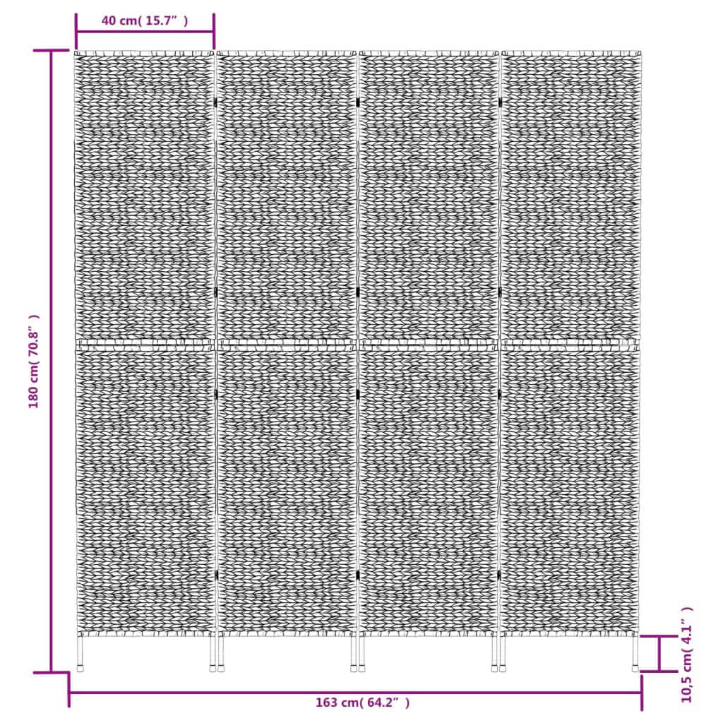 Water hyacinth room divider dimensions 163x180 cm, showcasing a sturdy four-panel design in a rustic farmhouse style.