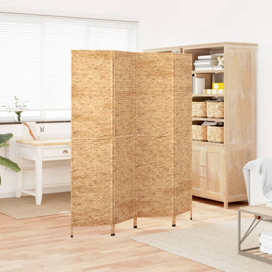 Room divider 4-panel made of water hyacinth, adding rustic charm to a bright, modern room setting.