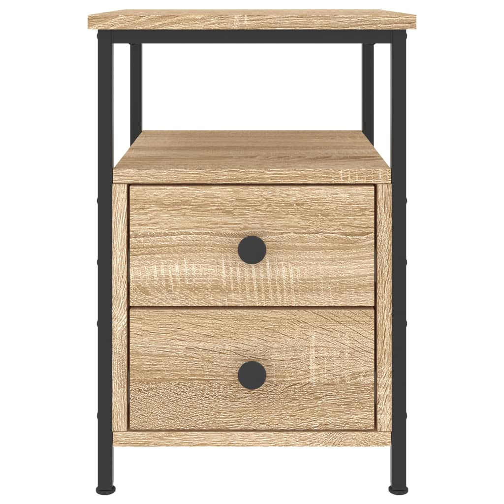 Bedside cabinet in Sonoma oak with iron frame and two drawers, perfect for stylish and durable bedroom furniture.