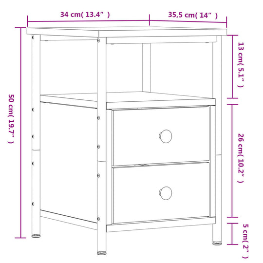 Bedside cabinet dimensions: 34x35.5x50 cm, featuring two drawers and a sturdy iron frame, ideal for industrial-style decor.