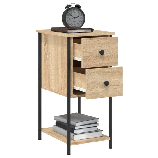 Bedside cabinet in Sonoma oak with iron frame, two drawers, clock, and books on display, perfect for bedroom or living room décor.