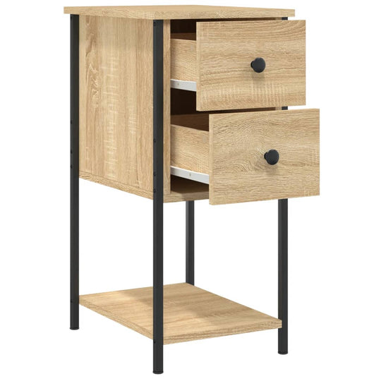 Bedside cabinet in Sonoma oak finish with two drawers and sturdy iron frame, ideal for compact bedroom or living room storage.