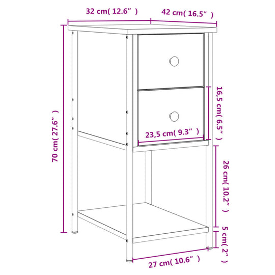 Dimensions of Sonoma Oak bedside cabinet with two drawers, measuring 32x42x70 cm, showcasing a compact design for versatile storage.