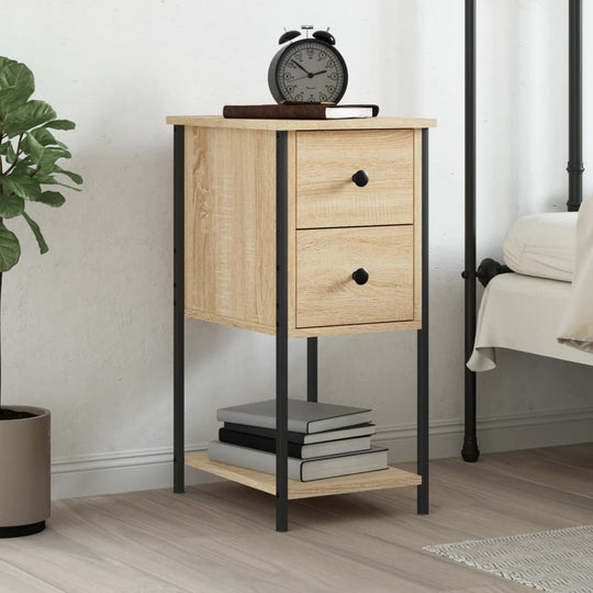 Compact bedside cabinet in Sonoma oak with two drawers and sturdy iron frame, ideal for modern bedroom decor.