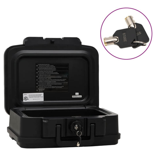 Open black fireproof waterproof safe box with key lock and internal instructions for securing valuables and documents.