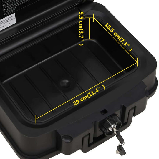 Interior view of a black fireproof waterproof safe box with dimensions labeled: 29 cm x 18.5 cm x 9.5 cm.