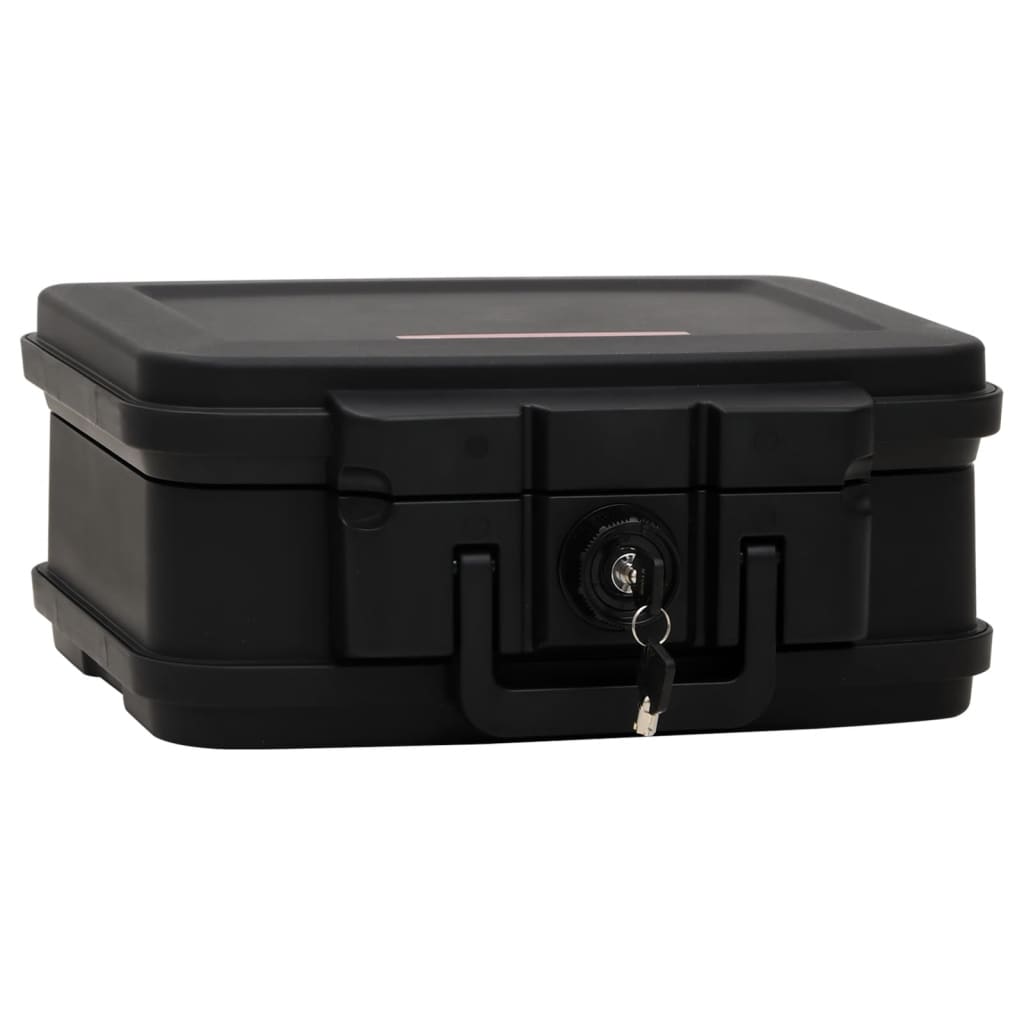 Black fireproof and waterproof safe box with key lock, ideal for storing valuables and important documents.