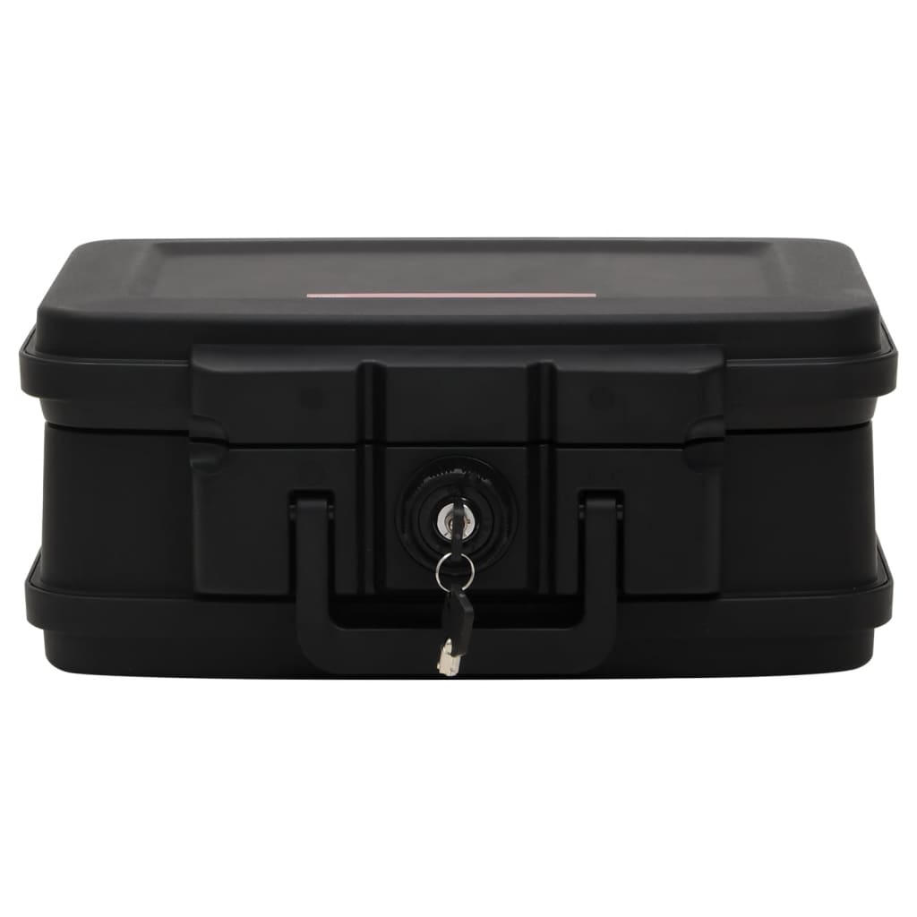 Black fireproof and waterproof safe box with a secure lock, ideal for storing important documents and valuables.