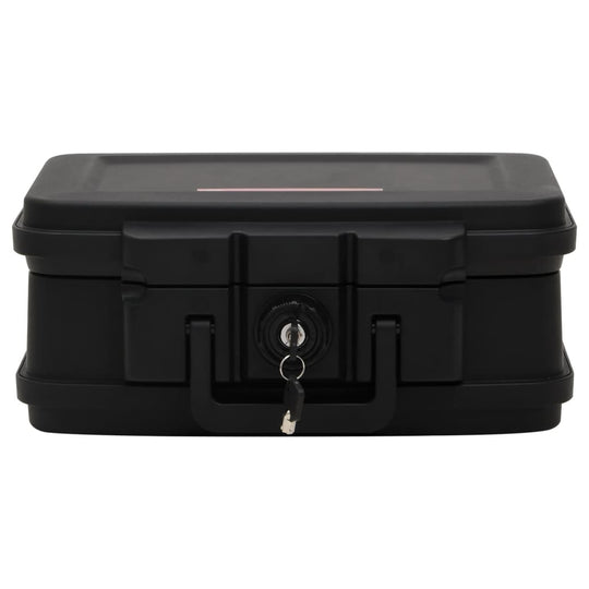 Black fireproof and waterproof safe box with a secure lock, ideal for storing important documents and valuables.