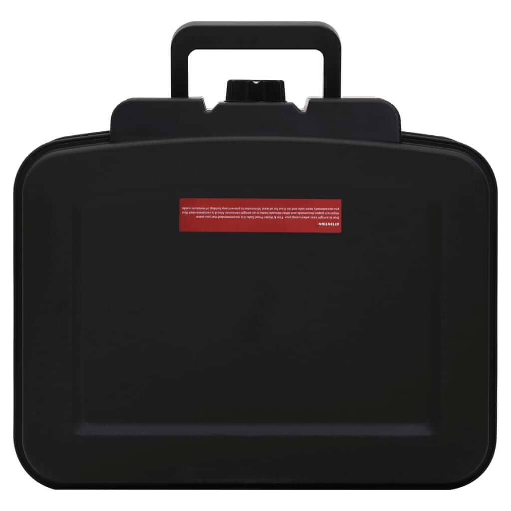 Black fireproof and waterproof safe box, size 38x32.5x16.5 cm, with handle for secure storage of valuables.