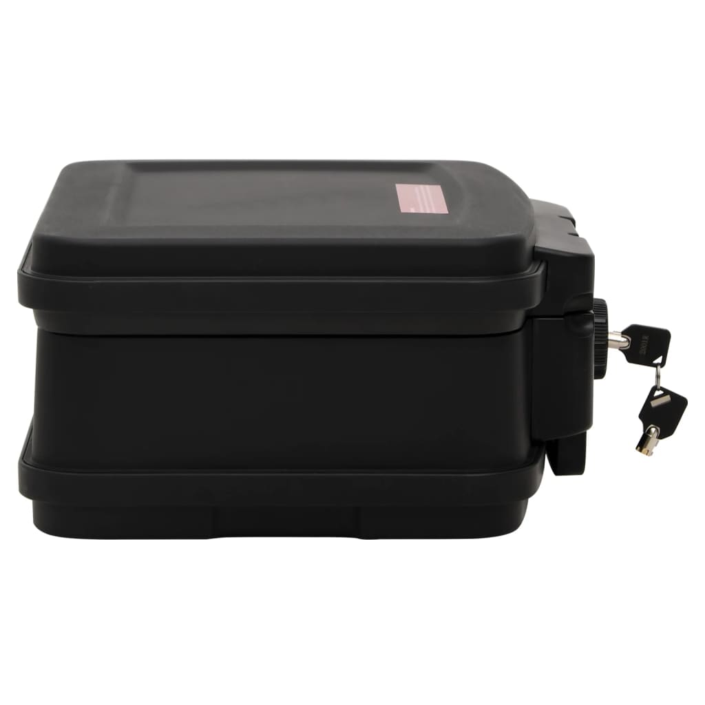 Black fireproof and waterproof safe box 38x32.5x16.5 cm with keys for securing valuables and important documents.