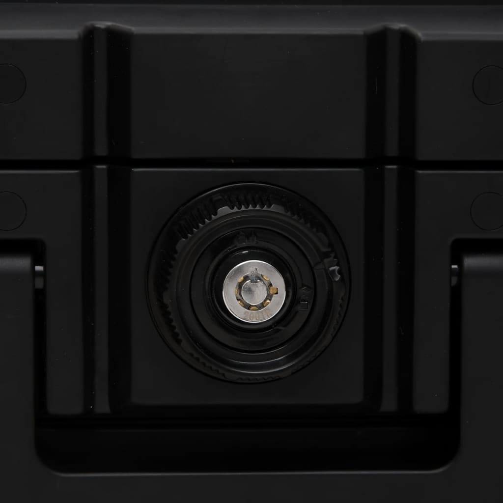 Close-up of the locking mechanism on a fireproof and waterproof black safe box.