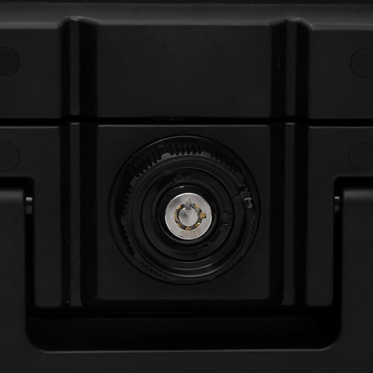 Close-up of the locking mechanism on a fireproof and waterproof black safe box.