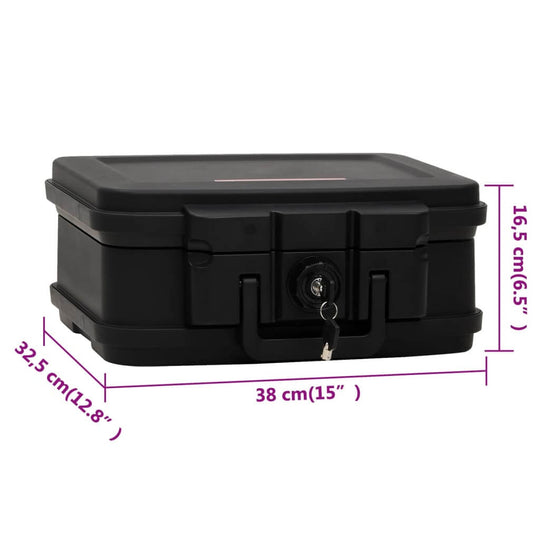 Black fireproof and waterproof safe box, dimensions 38x32.5x16.5 cm, designed for securing valuables and important documents.