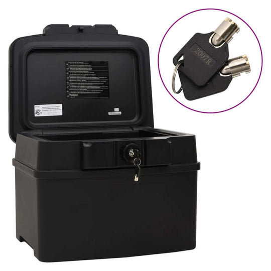 Black fireproof and waterproof safe box with lock, ideal for securing important documents and valuables.