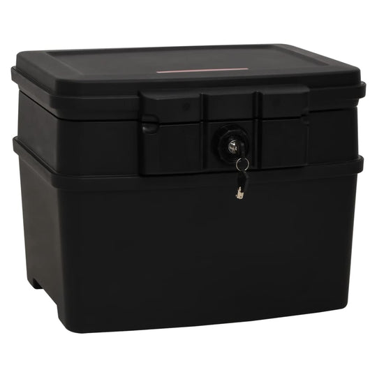 Fireproof and waterproof black safe box, 44x37x34 cm, secure storage for documents and valuables with key lock.