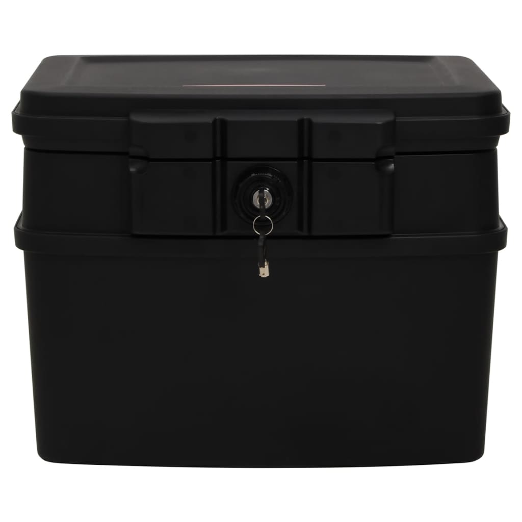 Black fireproof and waterproof safe box with key lock, 44x37x34 cm, ideal for securing important documents and valuables.