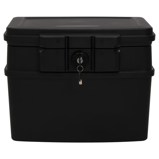 Black fireproof and waterproof safe box with key lock, 44x37x34 cm, ideal for securing important documents and valuables.