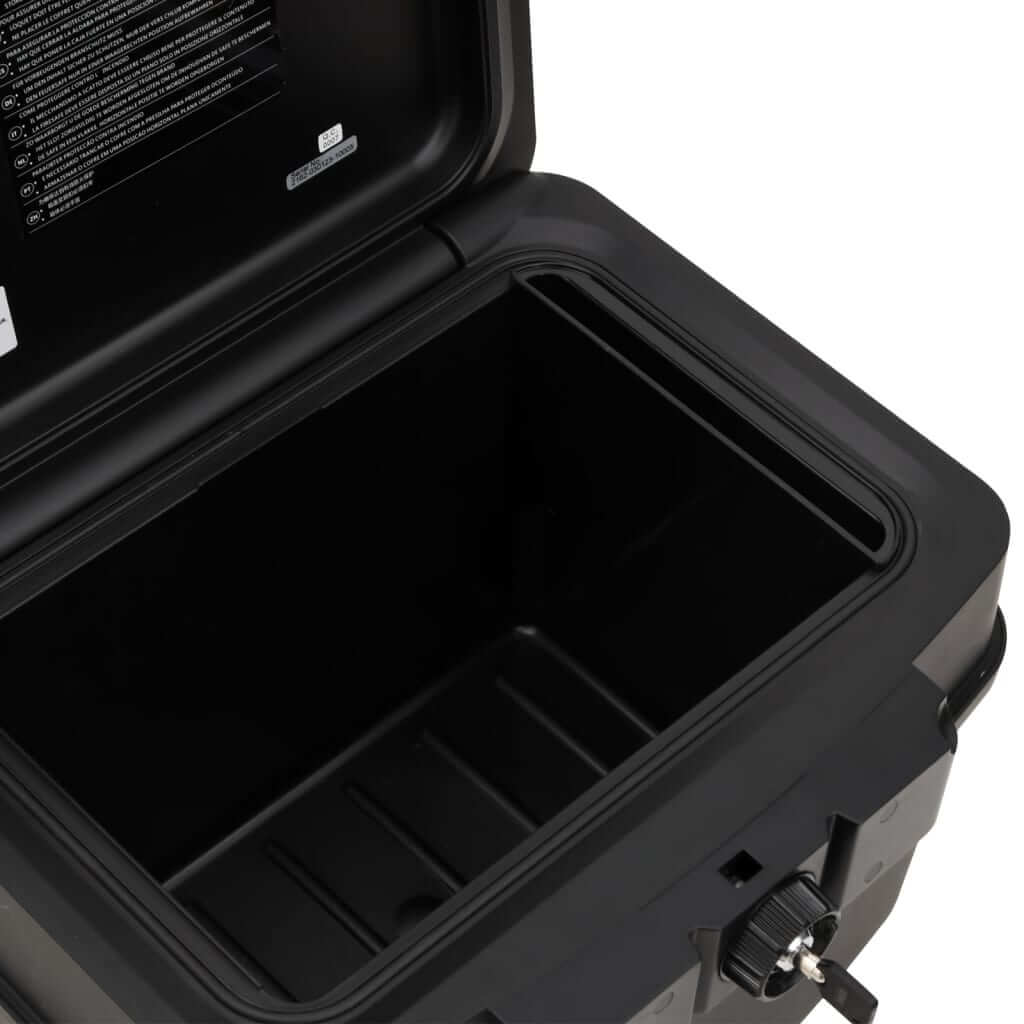 Open black fireproof and waterproof safe box with interior view and locking mechanism, ideal for storing valuables.