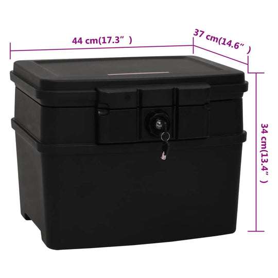 Black fireproof and waterproof safe box, dimensions 44x37x34 cm, ideal for securing valuables and important documents.