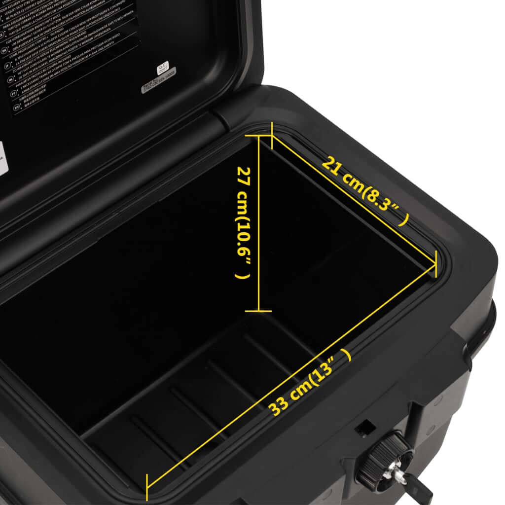 Inside view of a black fireproof and waterproof safe box showing dimensions: 27 cm, 21 cm, and 33 cm for secure storage.