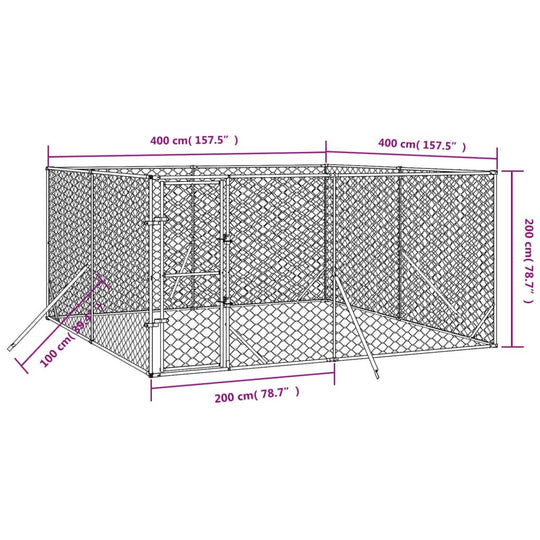 Illustration of Outdoor Dog Kennel 4x4x2 m Galvanised Steel with measurements showing spacious and sturdy construction.