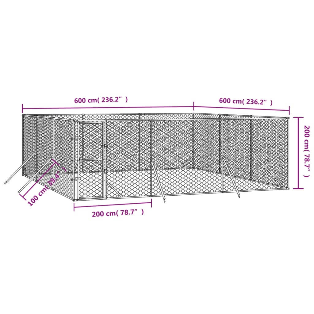 Outdoor Dog Kennel 6x6x2 m Galvanised Steel with dimensions and design layout for animal safety and comfort.