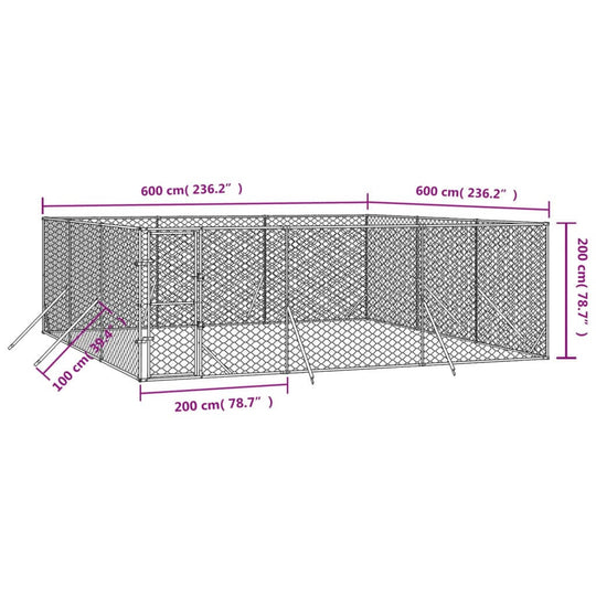 Outdoor Dog Kennel 6x6x2 m Galvanised Steel with dimensions and design layout for animal safety and comfort.