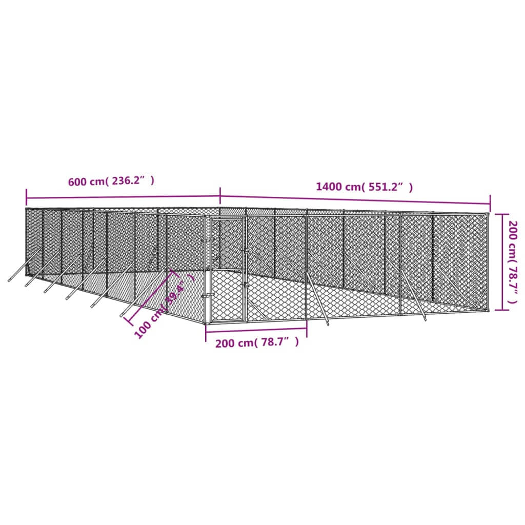 Outdoor Dog Kennel 6x14x2 m Galvanised Steel with diagram showing dimensions in cm for large animal enclosure.
