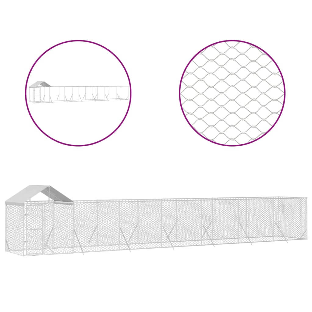 Outdoor Dog Kennel with Roof 14x2x2.5 m Galvanised Steel, spacious and sturdy enclosure with mesh details, ideal for animals.