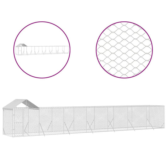 Outdoor Dog Kennel with Roof 14x2x2.5 m Galvanised Steel, spacious and sturdy enclosure with mesh details, ideal for animals.