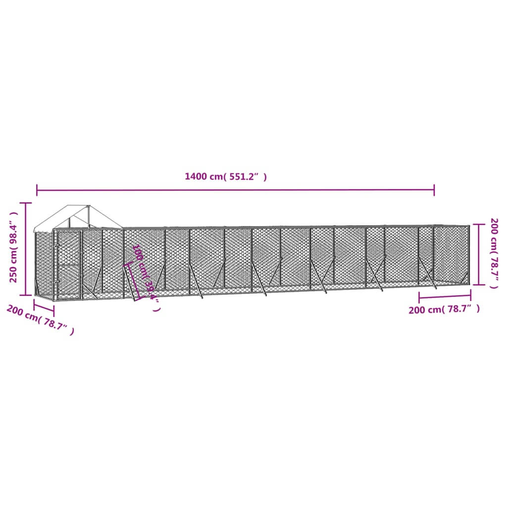 Outdoor Dog Kennel with Roof 14x2x2.5 m Galvanised Steel dimensions illustration.