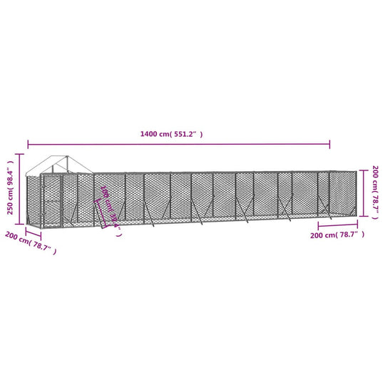 Outdoor Dog Kennel with Roof 14x2x2.5 m Galvanised Steel dimensions illustration.