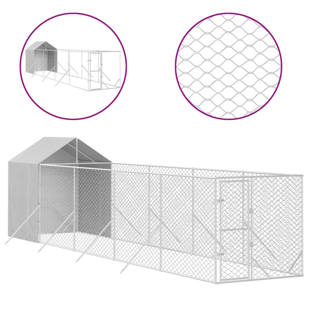 Outdoor Dog Kennel with Roof 2x10x2.5 m Galvanised Steel, showcasing a spacious and secure enclosure with mesh detailing for safety.