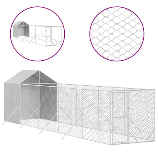Outdoor Dog Kennel with Roof 2x10x2.5 m Galvanised Steel, showcasing a spacious and secure enclosure with mesh detailing for safety.