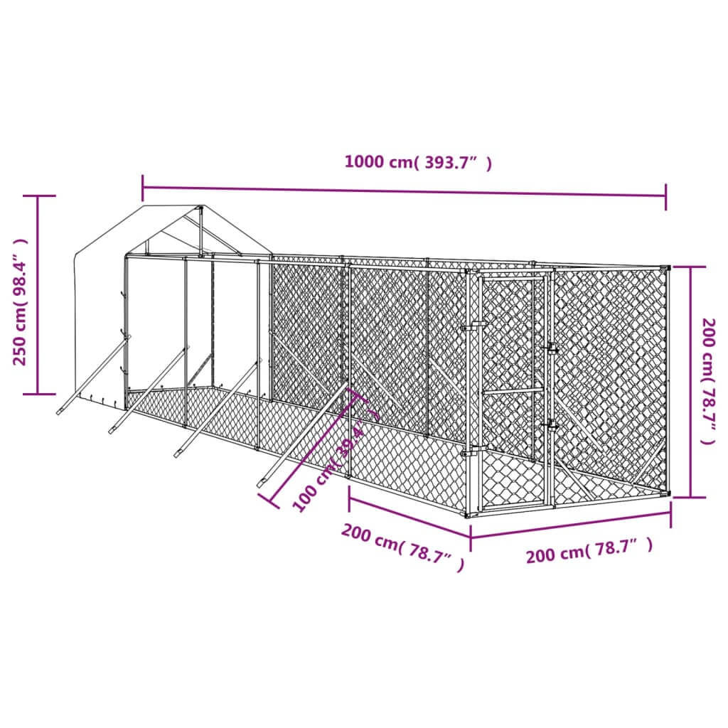 Dimensions diagram of Outdoor Dog Kennel with Roof 2x10x2.5 m Galvanised Steel showing measurements and structure.