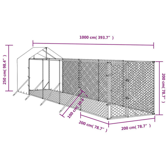 Dimensions diagram of Outdoor Dog Kennel with Roof 2x10x2.5 m Galvanised Steel showing measurements and structure.