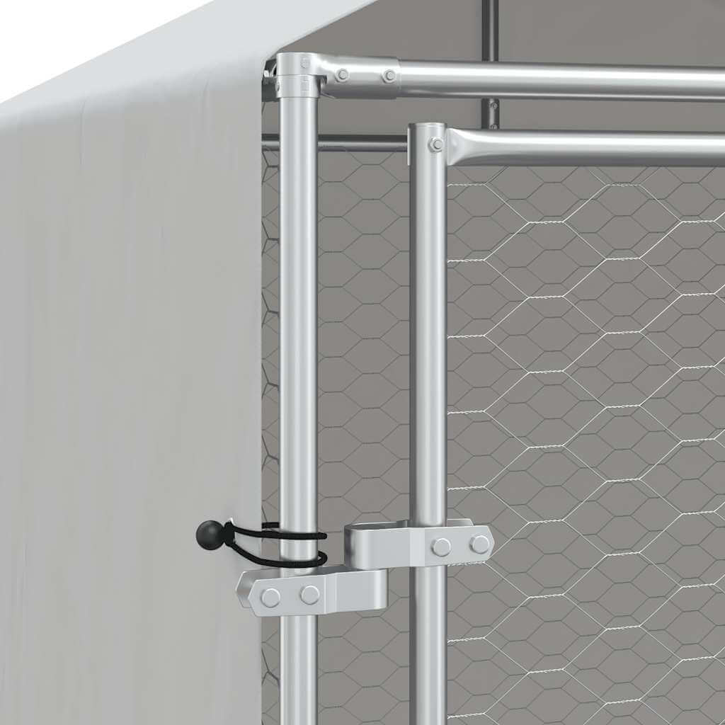 Outdoor Dog Kennel with Roof 2x10x2.5 m Galvanised Steel corner view showcasing sturdy frame and latch.