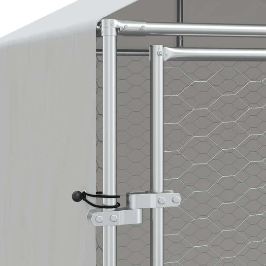 Outdoor Dog Kennel with Roof 2x10x2.5 m Galvanised Steel corner view showcasing sturdy frame and latch.