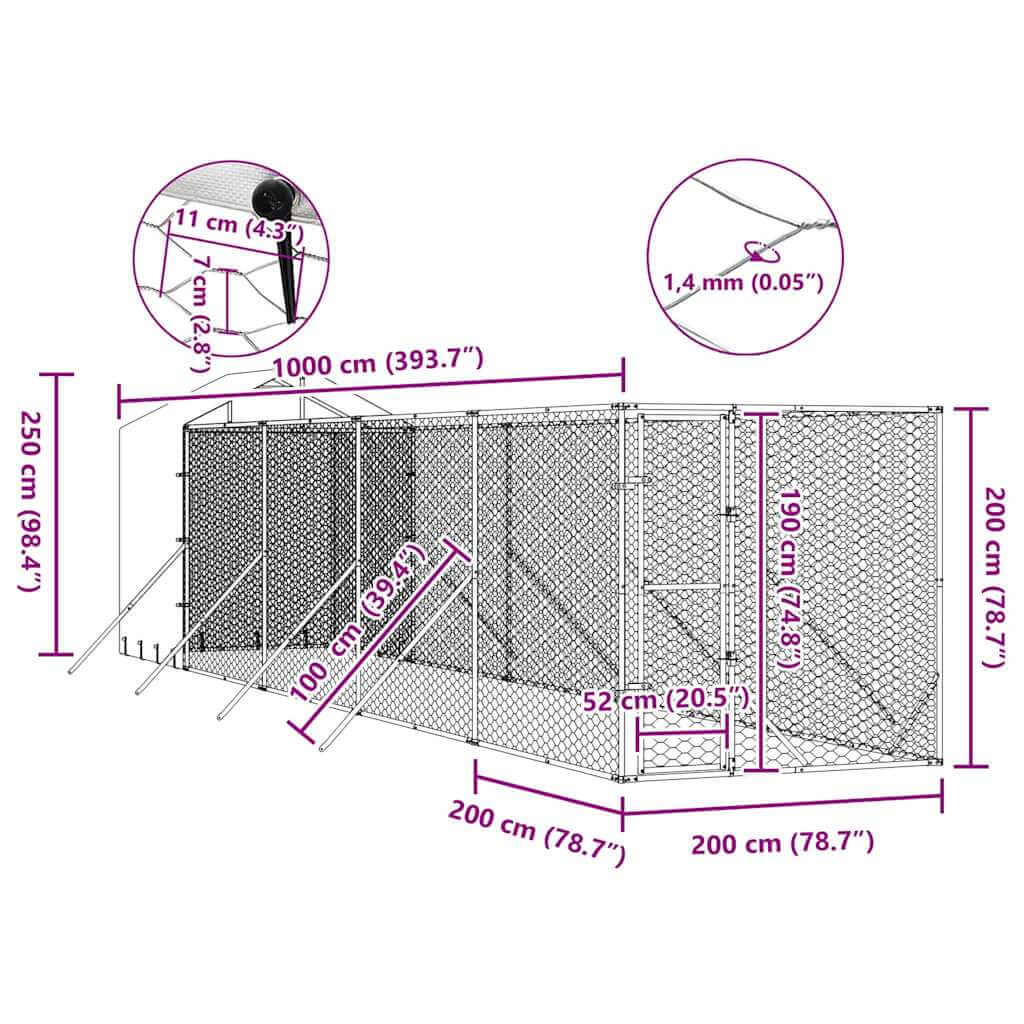 Diagram of Outdoor Dog Kennel with Roof 2x10x2.5 m Galvanised Steel with measurements and details.
