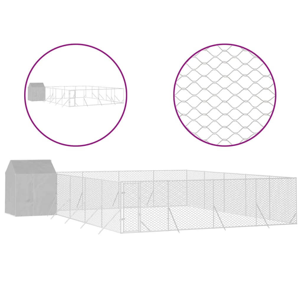 Outdoor Dog Kennel with Roof 10x10x2 m Galvanised Steel showing mesh detail and sturdy construction for animals.