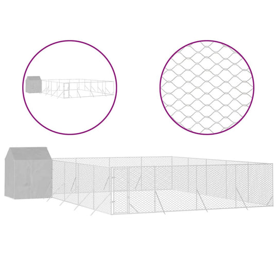 Outdoor Dog Kennel with Roof 10x10x2 m Galvanised Steel showing mesh detail and sturdy construction for animals.