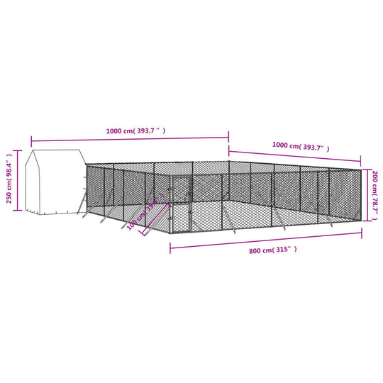 Outdoor Dog Kennel with Roof 10x10x2 m Galvanised Steel dimensions and structure illustration.