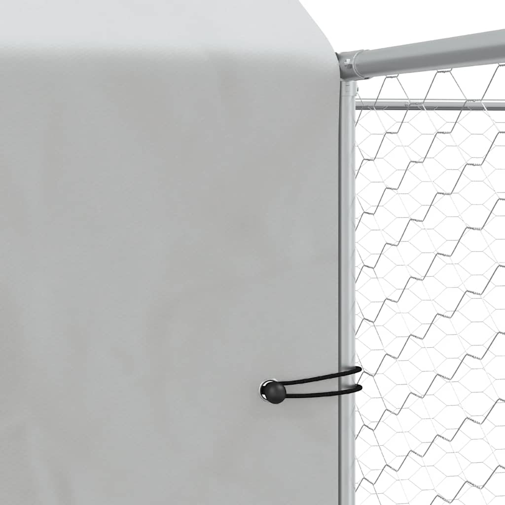 Close-up of Outdoor Dog Kennel with Roof 10x10x2. m Galvanised Steel showing detail of steel frame and cover material.