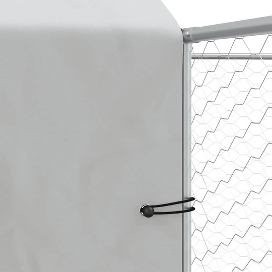 Close-up of Outdoor Dog Kennel with Roof 10x10x2. m Galvanised Steel showing detail of steel frame and cover material.